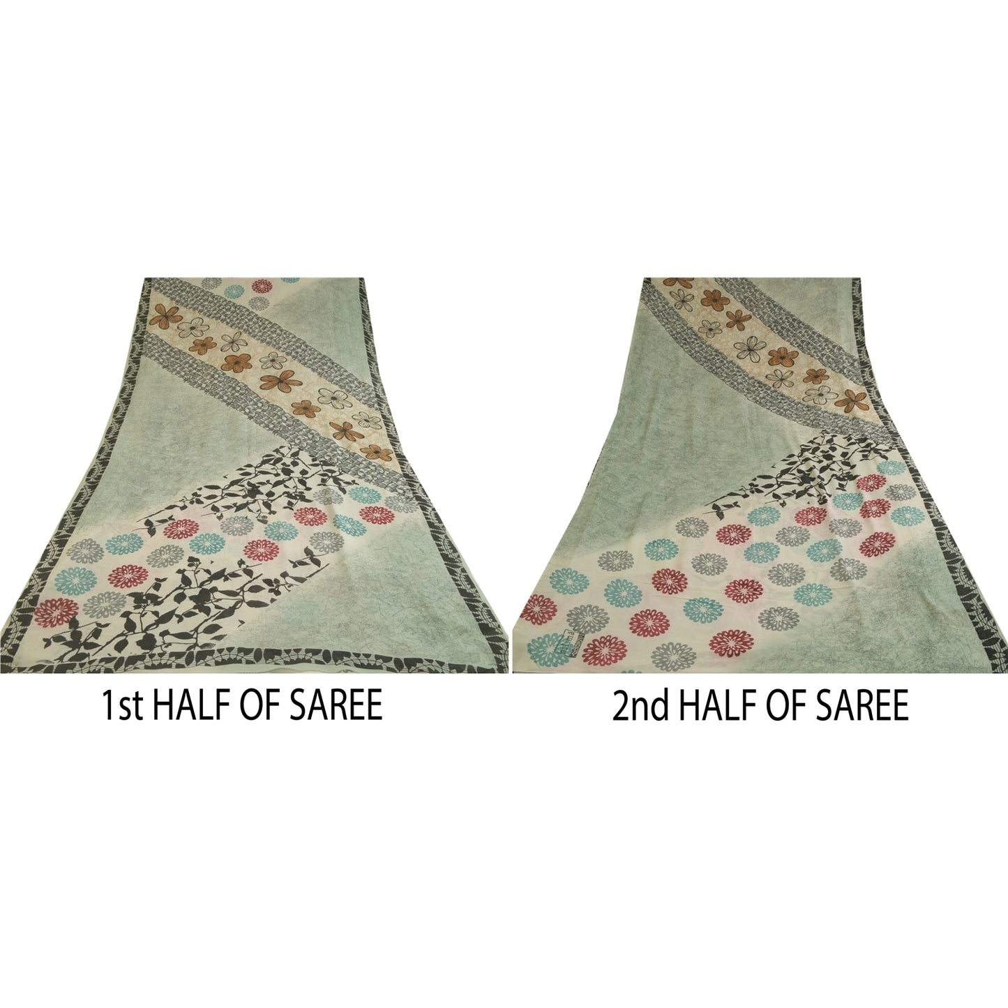 Sanskriti Vintage Sarees Light-Sea-Green Pure Georgette Silk Print Sari Sustainable Fabric