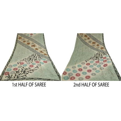 Sanskriti Vintage Sarees Light-Sea-Green Pure Georgette Silk Print Sari Sustainable Fabric