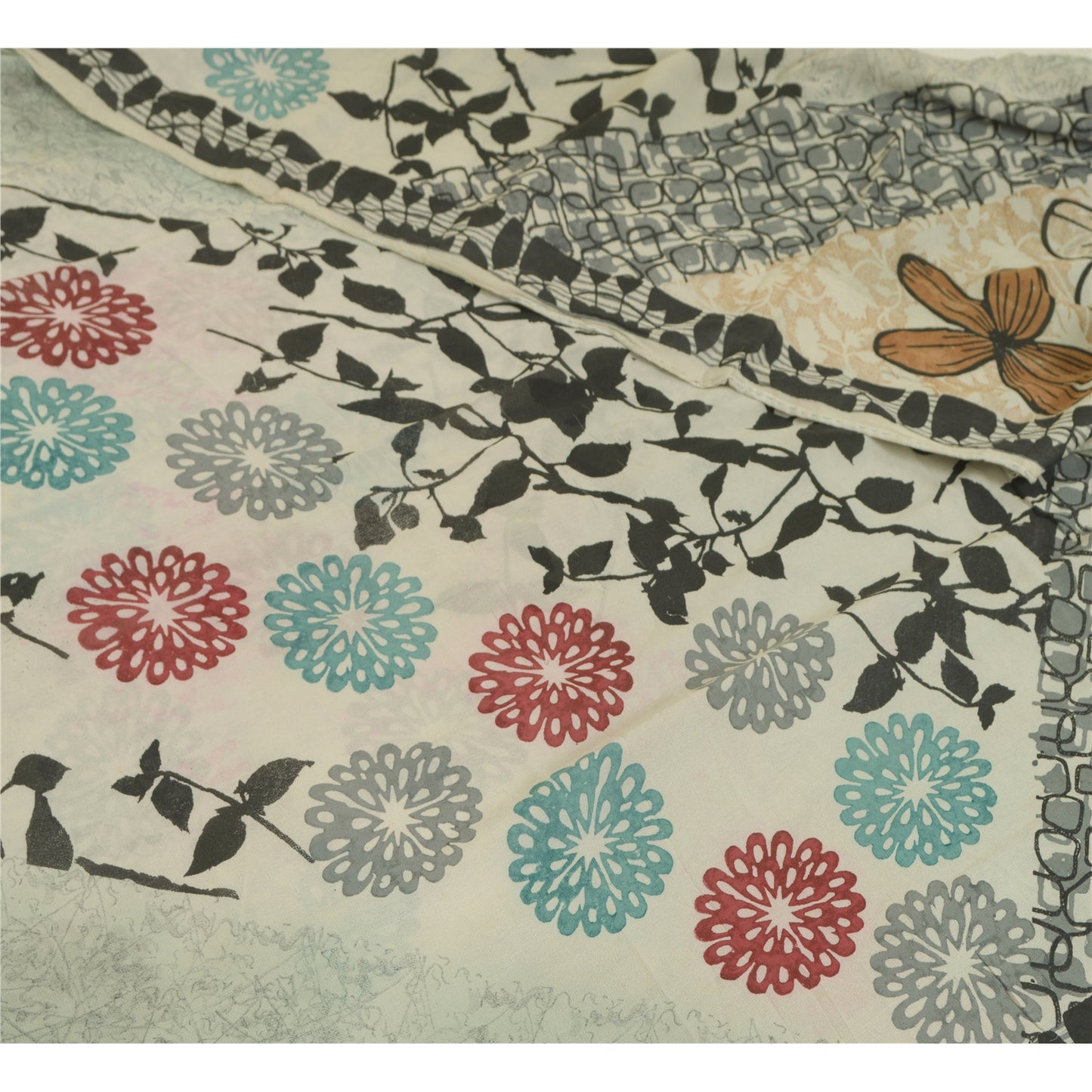 Sanskriti Vintage Sarees Light-Sea-Green Pure Georgette Silk Print Sari Sustainable Fabric