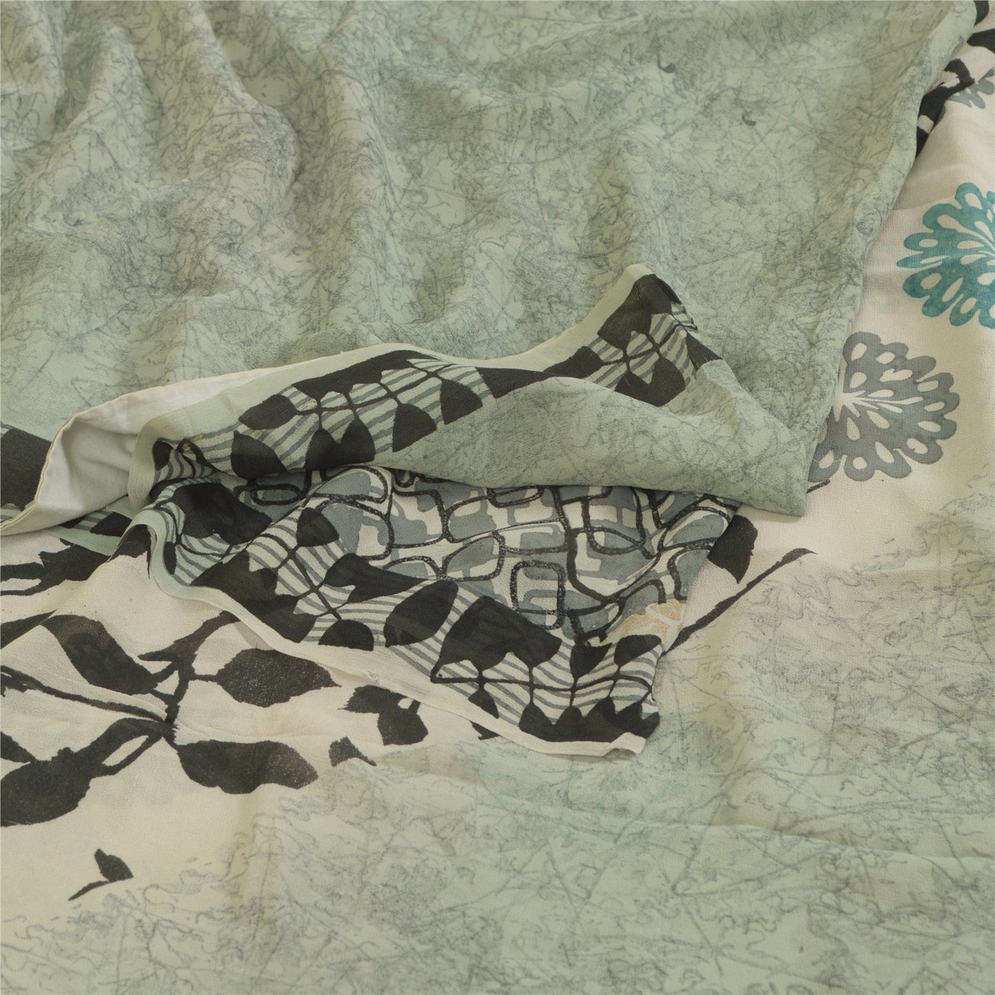 Sanskriti Vintage Sarees Light-Sea-Green Pure Georgette Silk Print Sari Sustainable Fabric