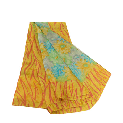 Сари Sanskriti Vintage, зеленое/желтое, чистый шелк жоржет, напечатанное сари, устойчивая ткань