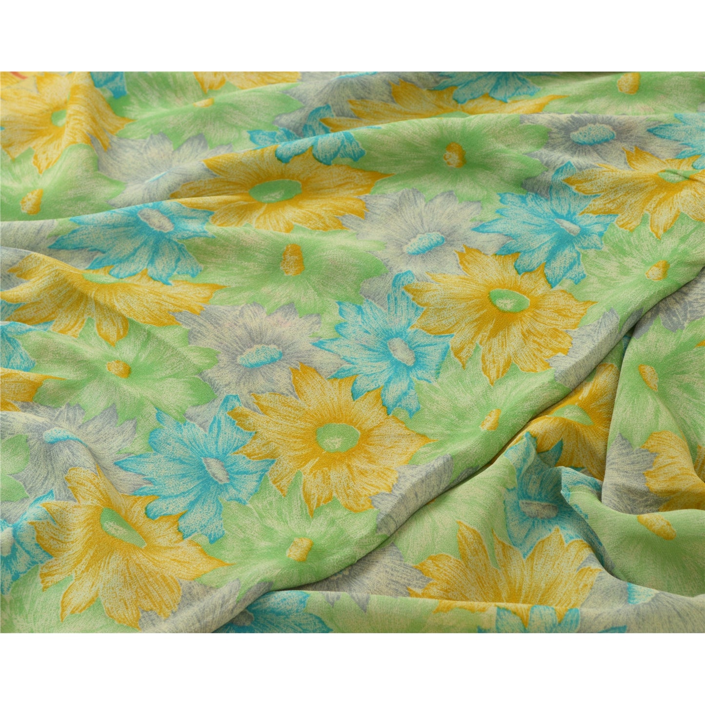 Сари Sanskriti Vintage, зеленое/желтое, чистый шелк жоржет, напечатанное сари, устойчивая ткань