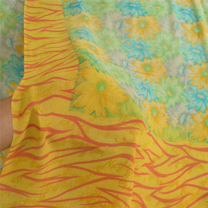 Сари Sanskriti Vintage, зеленое/желтое, чистый шелк жоржет, напечатанное сари, устойчивая ткань