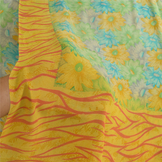 Sanskriti Vintage Sarees Green/Yellow Pure Georgette Silk Printed Sari Sustainable Fabric