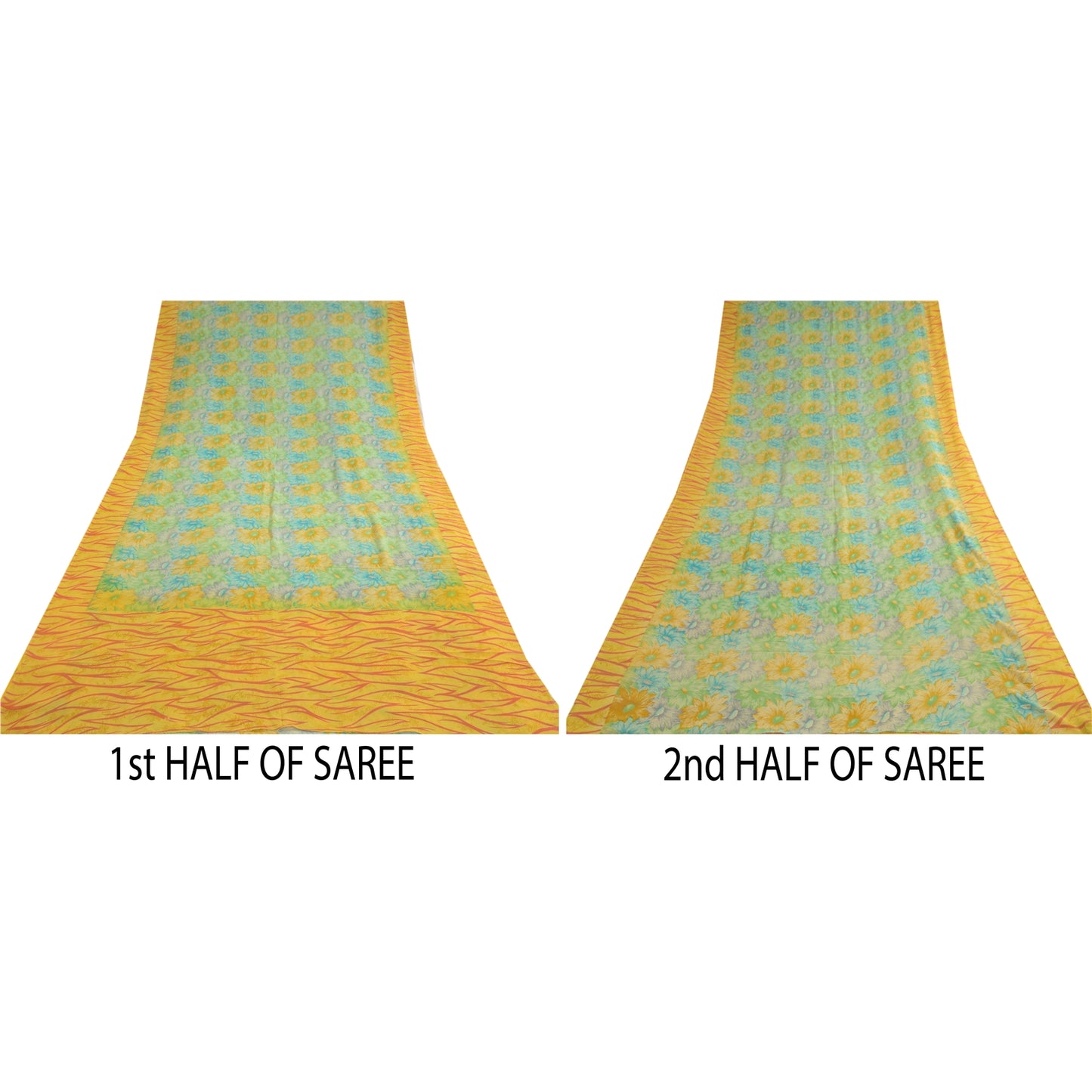 Сари Sanskriti Vintage, зеленое/желтое, чистый шелк жоржет, напечатанное сари, устойчивая ткань