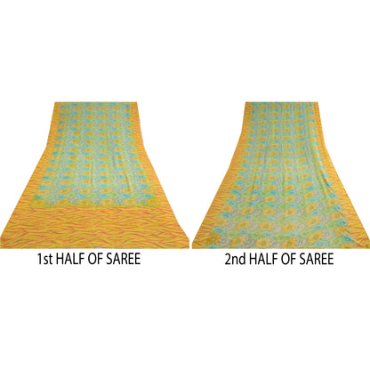Сари Sanskriti Vintage, зеленое/желтое, чистый шелк жоржет, напечатанное сари, устойчивая ткань