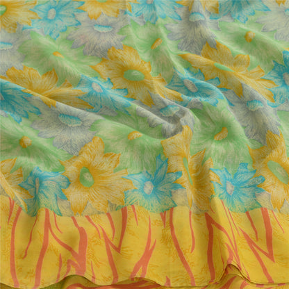 Сари Sanskriti Vintage, зеленое/желтое, чистый шелк жоржет, напечатанное сари, устойчивая ткань