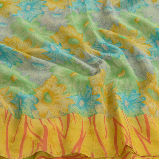 Sanskriti Vintage Sarees Green/Yellow Pure Georgette Silk Printed Sari Sustainable Fabric