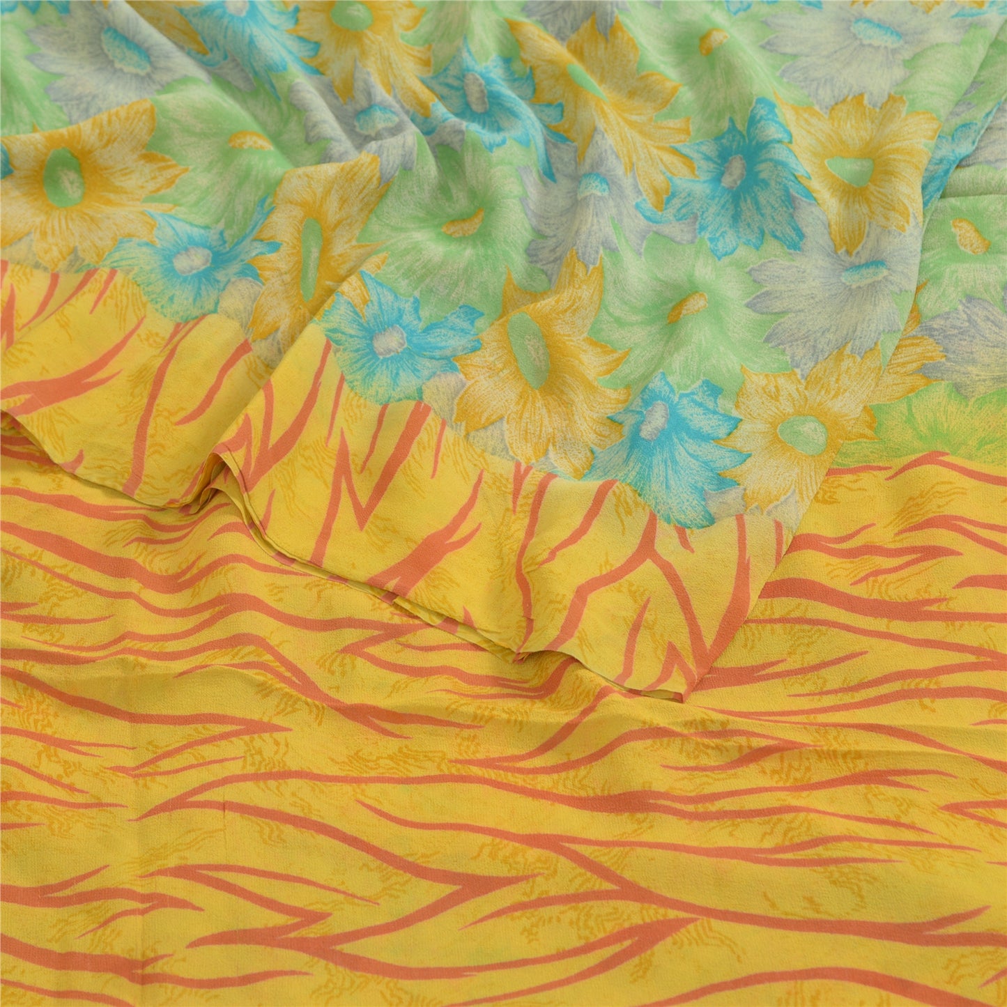 Сари Sanskriti Vintage, зеленое/желтое, чистый шелк жоржет, напечатанное сари, устойчивая ткань