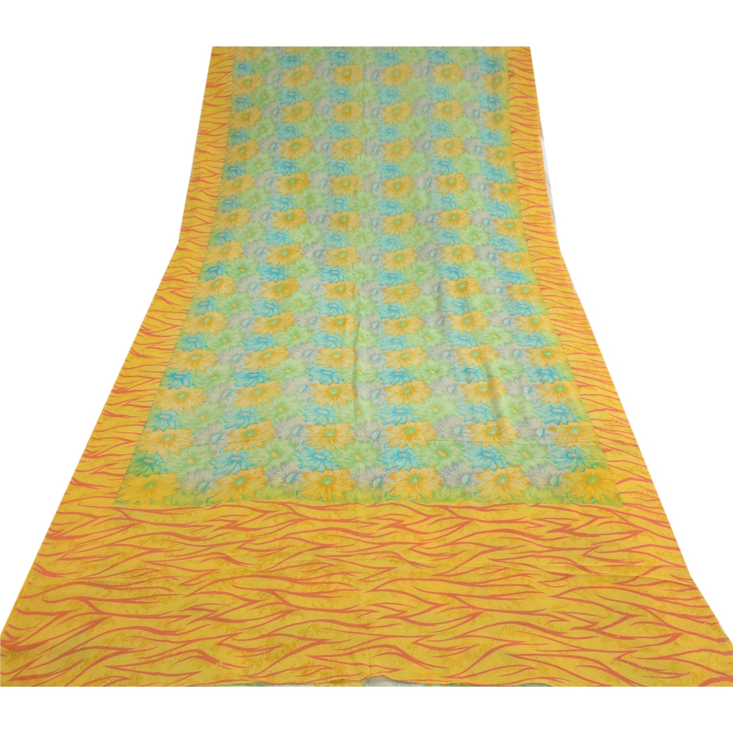 Сари Sanskriti Vintage, зеленое/желтое, чистый шелк жоржет, напечатанное сари, устойчивая ткань