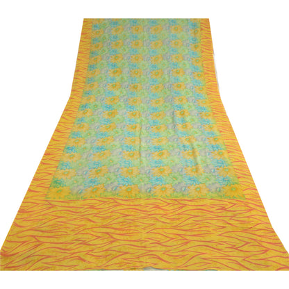 Сари Sanskriti Vintage, зеленое/желтое, чистый шелк жоржет, напечатанное сари, устойчивая ткань