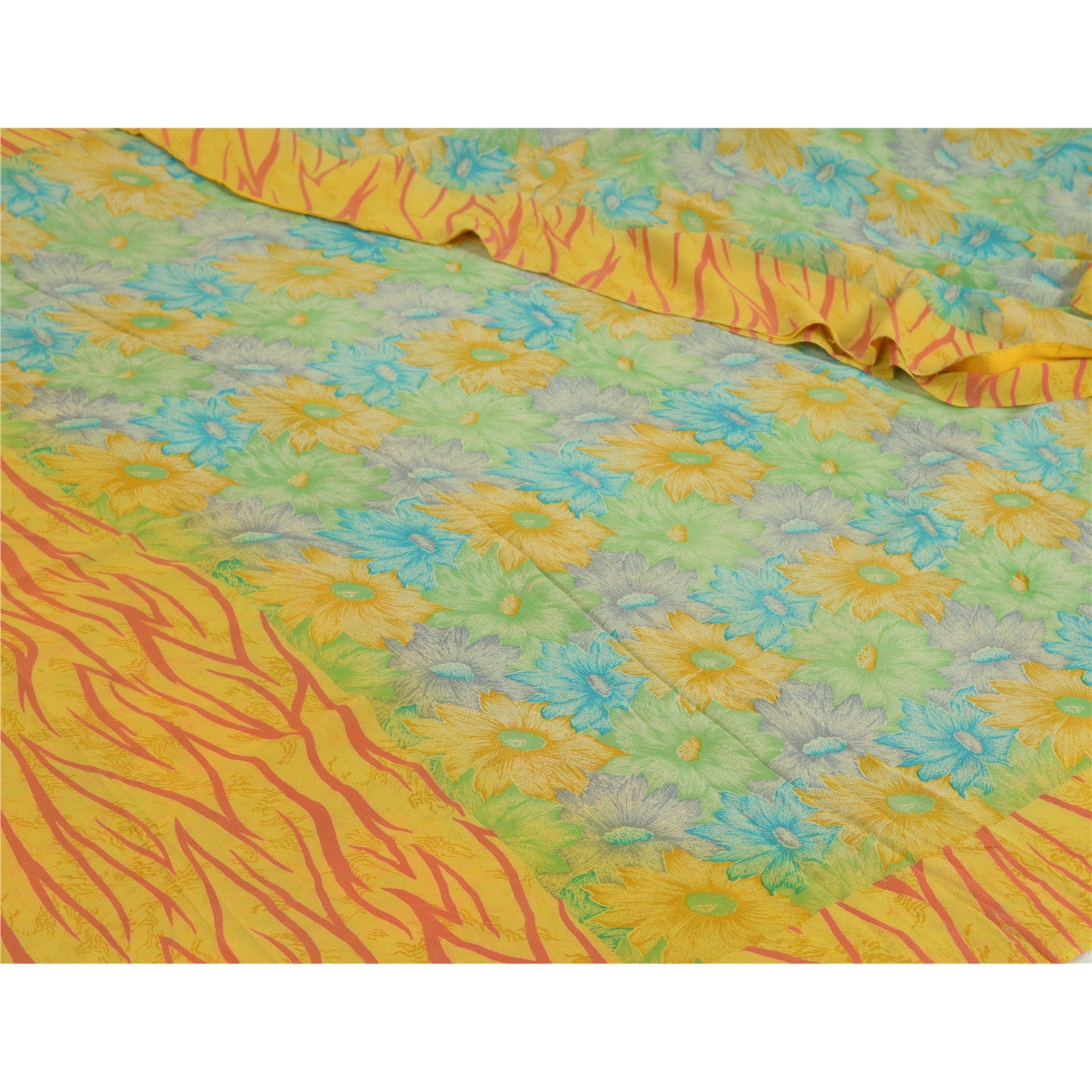 Сари Sanskriti Vintage, зеленое/желтое, чистый шелк жоржет, напечатанное сари, устойчивая ткань