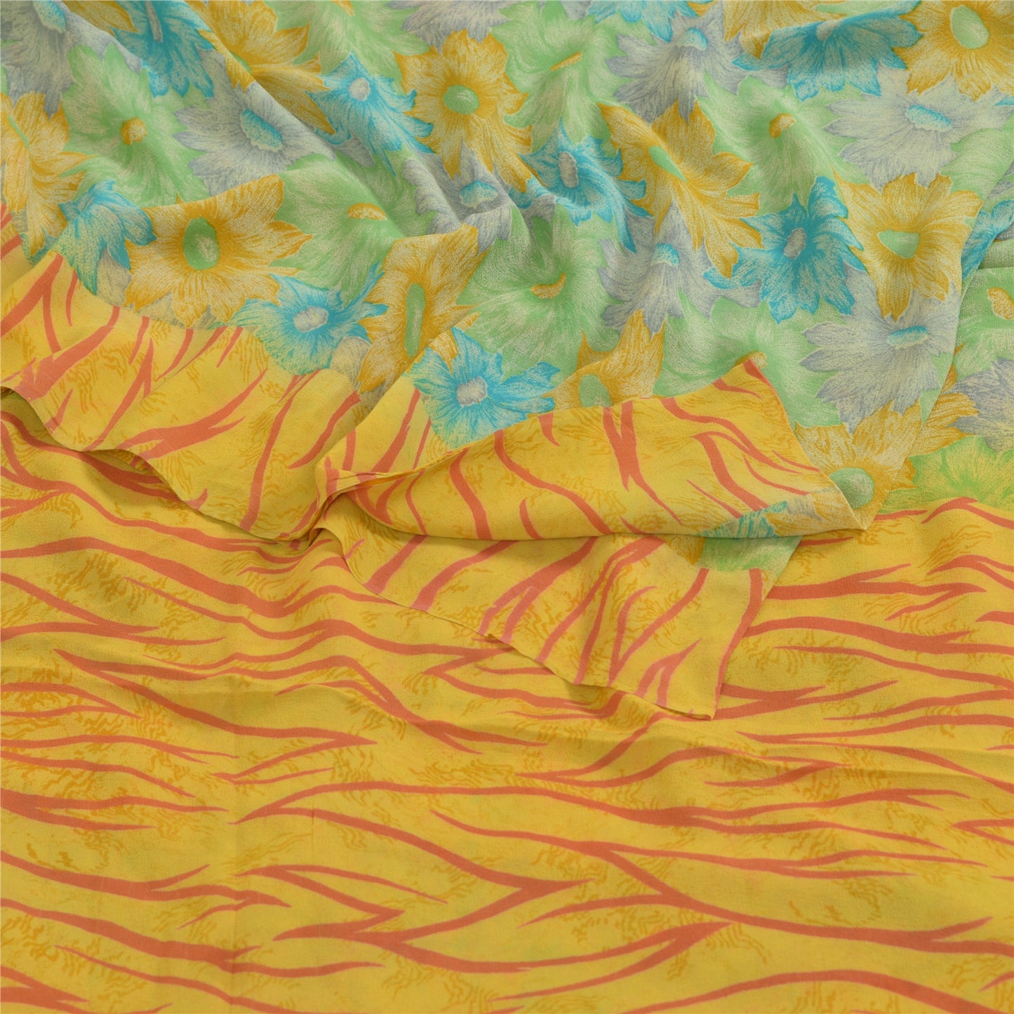 Сари Sanskriti Vintage, зеленое/желтое, чистый шелк жоржет, напечатанное сари, устойчивая ткань