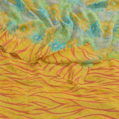 Сари Sanskriti Vintage, зеленое/желтое, чистый шелк жоржет, напечатанное сари, устойчивая ткань