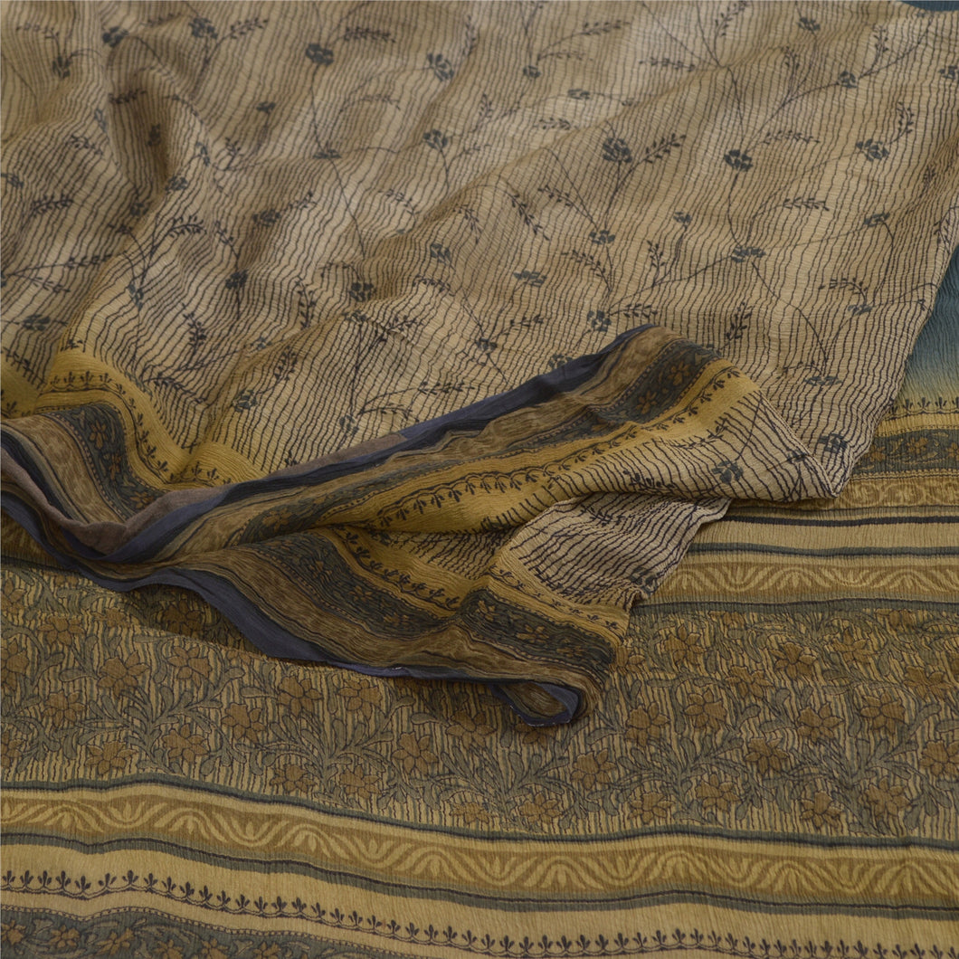 Sanskriti Vintage Sarees Gray Pure Chiffon Silk Printed Sari Soft Craft Fabric