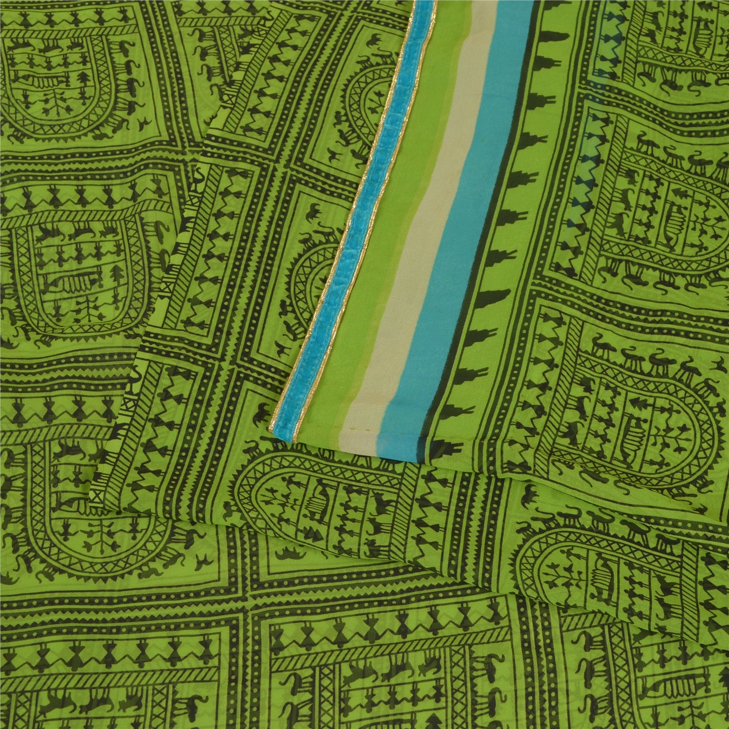 Sanskriti Vintage Sarees Green Warli Art Printed Georgette Sari 5yd Craft Sustainable Fabric