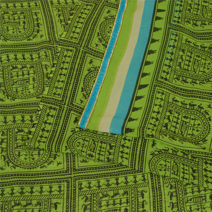 Sanskriti Vintage Sarees Green Warli Art Printed Georgette Sari 5yd Craft Sustainable Fabric