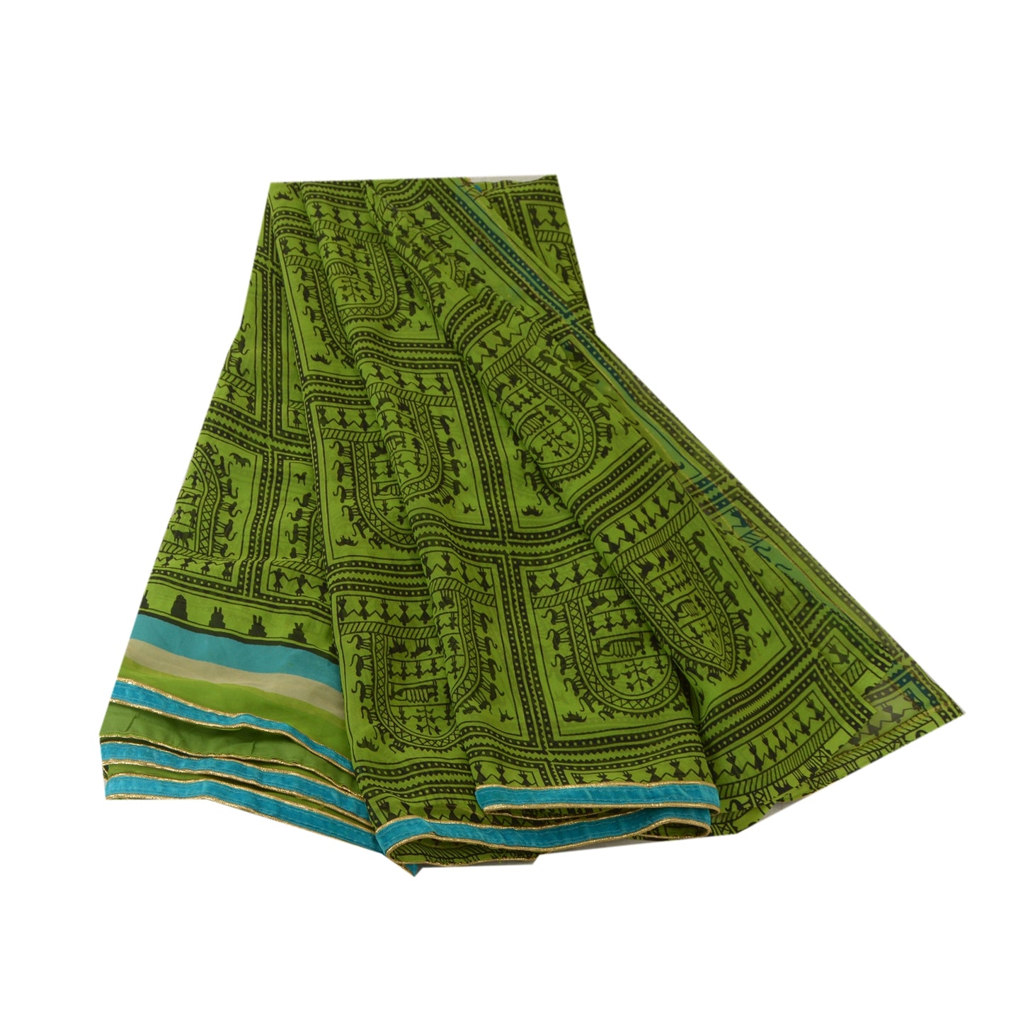 Sanskriti Vintage Sarees Green Warli Art Printed Georgette Sari 5yd Craft Sustainable Fabric