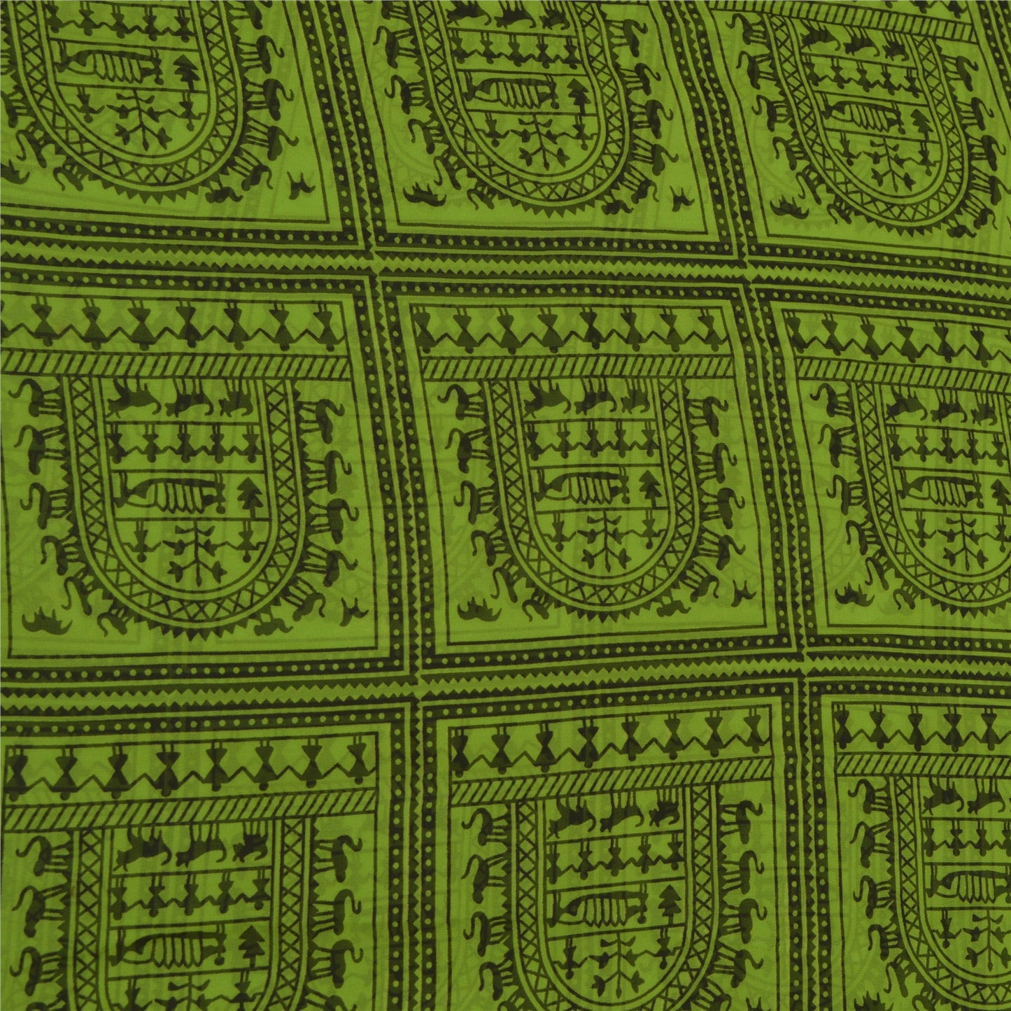 Sanskriti Vintage Sarees Green Warli Art Printed Georgette Sari 5yd Craft Sustainable Fabric
