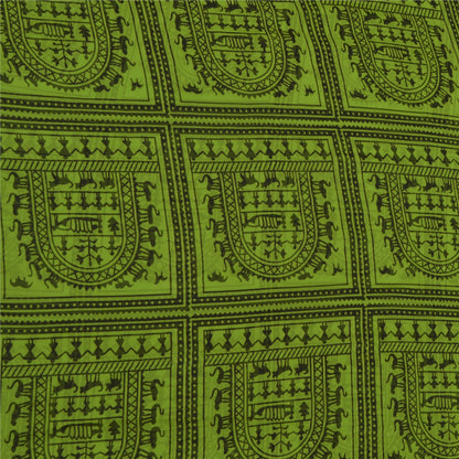 Sanskriti Vintage Sarees Green Warli Art Printed Georgette Sari 5yd Craft Sustainable Fabric