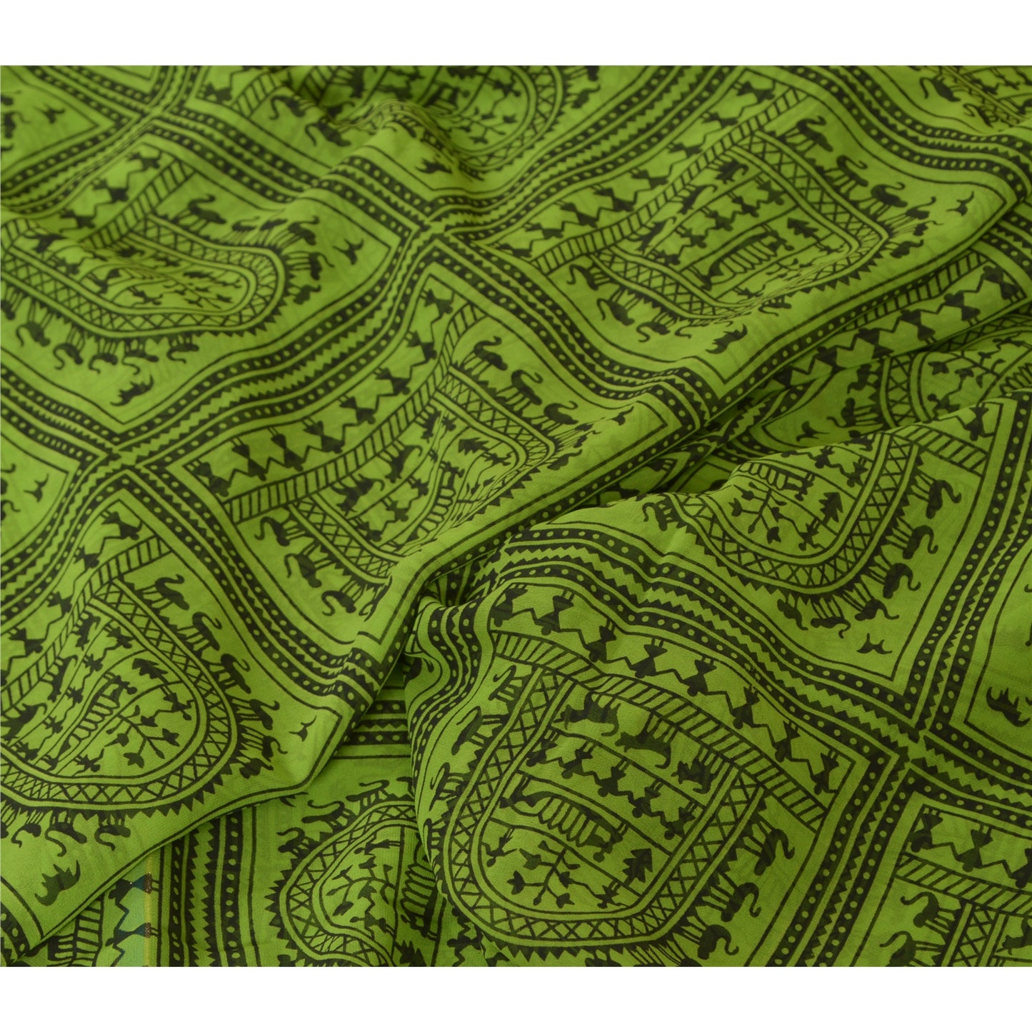 Sanskriti Vintage Sarees Green Warli Art Printed Georgette Sari 5yd Craft Sustainable Fabric