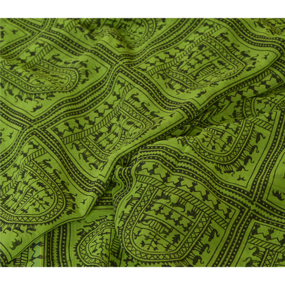Sanskriti Vintage Sarees Green Warli Art Printed Georgette Sari 5yd Craft Sustainable Fabric