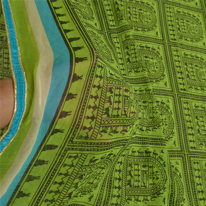 Sanskriti Vintage Sarees Green Warli Art Printed Georgette Sari 5yd Craft Sustainable Fabric