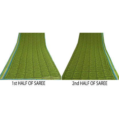 Sanskriti Vintage Sarees Green Warli Art Printed Georgette Sari 5yd Craft Sustainable Fabric