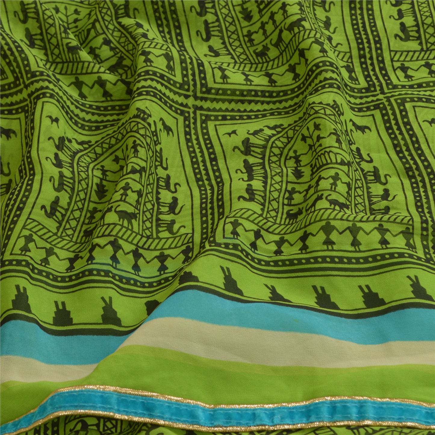 Sanskriti Vintage Sarees Green Warli Art Printed Georgette Sari 5yd Craft Sustainable Fabric