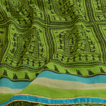 Sanskriti Vintage Sarees Green Warli Art Printed Georgette Sari 5yd Craft Sustainable Fabric