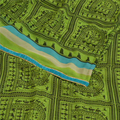 Sanskriti Vintage Sarees Green Warli Art Printed Georgette Sari 5yd Craft Sustainable Fabric