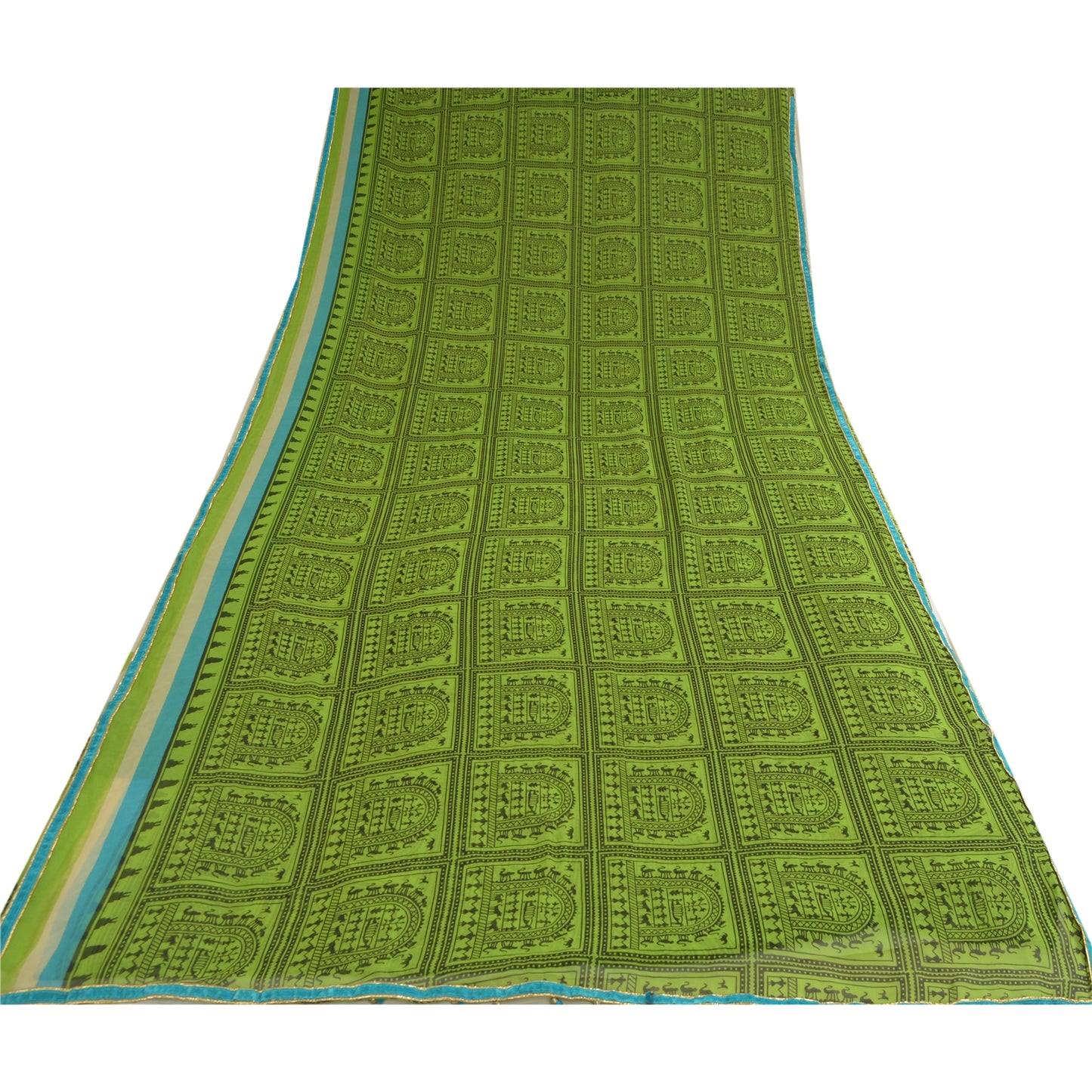 Sanskriti Vintage Sarees Green Warli Art Printed Georgette Sari 5yd Craft Sustainable Fabric
