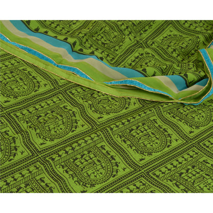 Sanskriti Vintage Sarees Green Warli Art Printed Georgette Sari 5yd Craft Sustainable Fabric