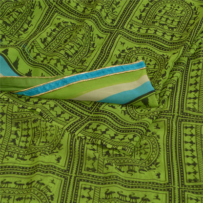 Sanskriti Vintage Sarees Green Warli Art Printed Georgette Sari 5yd Craft Sustainable Fabric