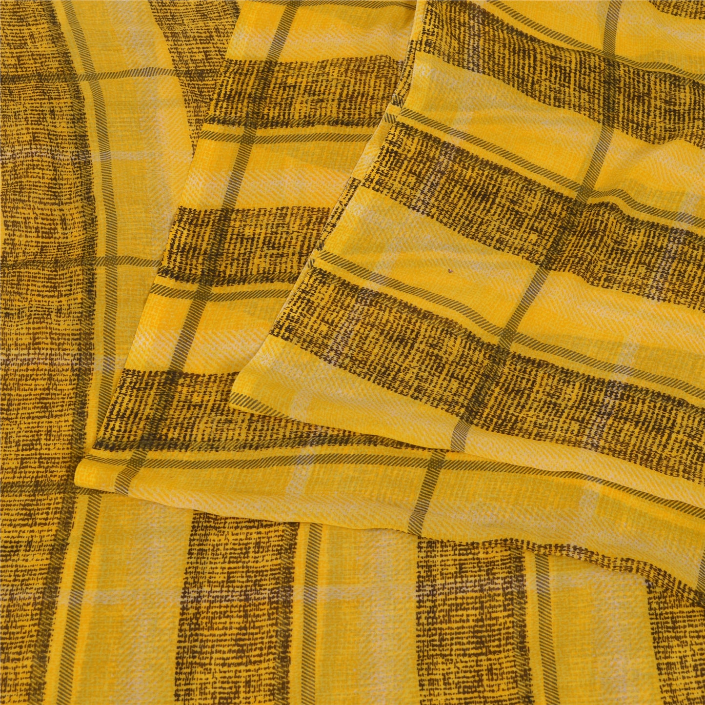 Sanskriti Vintage Sarees Indian Yellow/Black Printed Georgette Sari Craft Sustainable Fabric