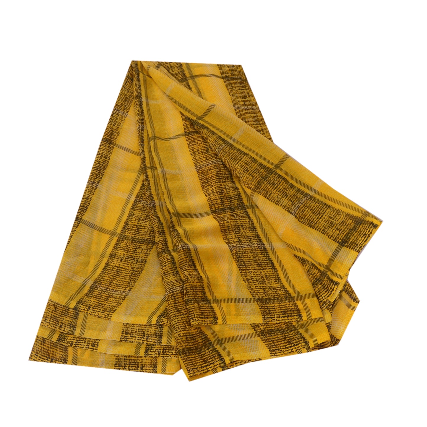 Sanskriti Vintage Sarees Indian Yellow/Black Printed Georgette Sari Craft Sustainable Fabric