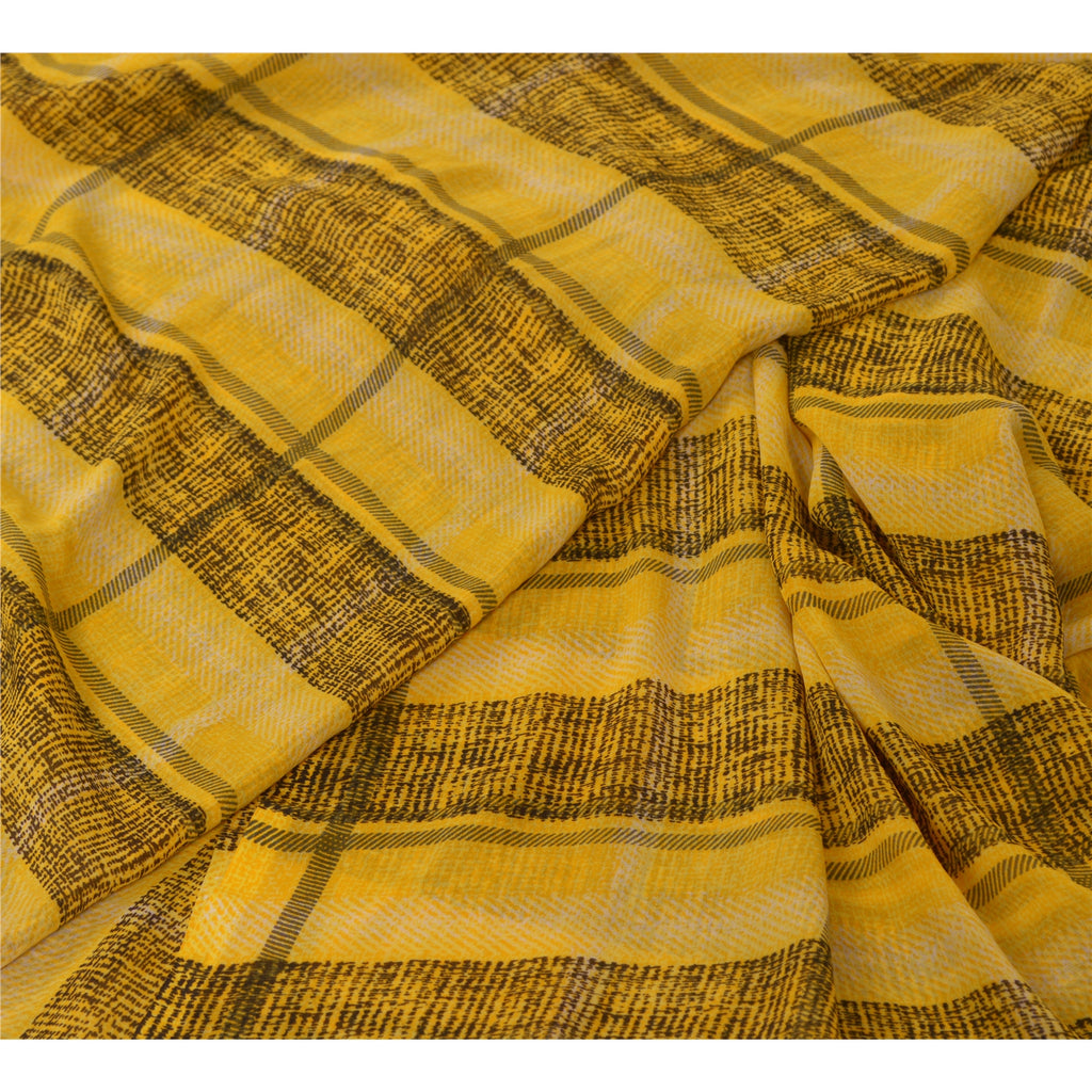Sanskriti Vintage Sarees Indian Yellow/Black Printed Georgette Sari Craft Sustainable Fabric