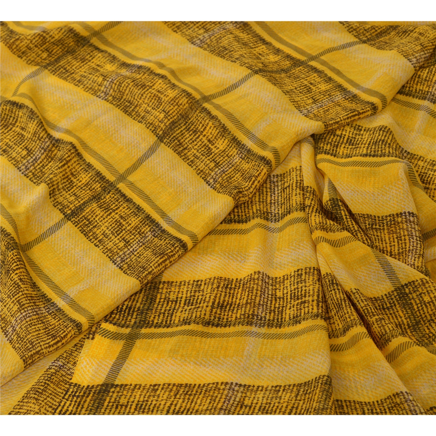 Sanskriti Vintage Sarees Indian Yellow/Black Printed Georgette Sari Craft Sustainable Fabric