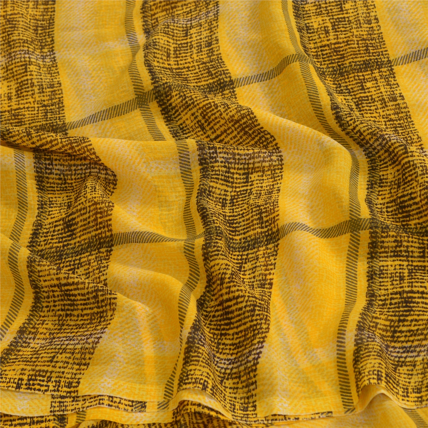 Sanskriti Vintage Sarees Indian Yellow/Black Printed Georgette Sari Craft Sustainable Fabric