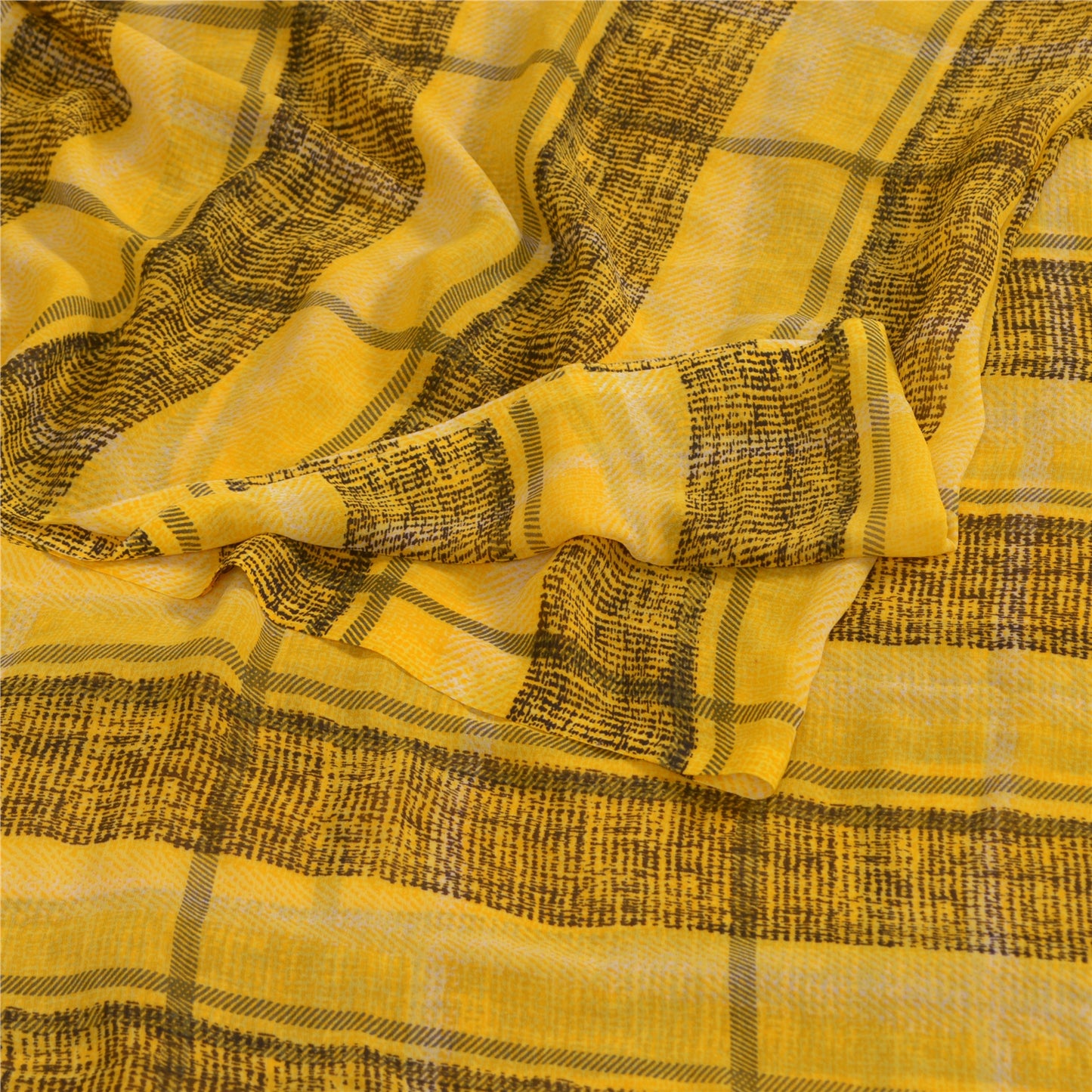 Sanskriti Vintage Sarees Indian Yellow/Black Printed Georgette Sari Craft Sustainable Fabric