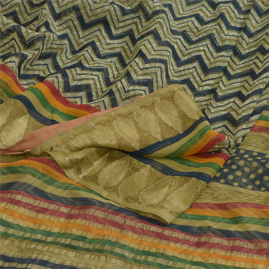 Sanskriti Vintage Sarees Blue/Green Pure Georgette Silk Print/Woven Sari Sustainable Fabric