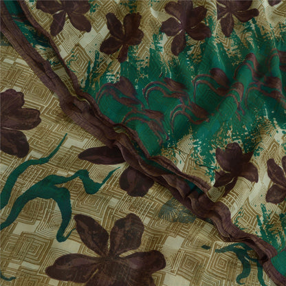 Sanskriti Vintage Sarees Green/Brown Pure Georgette Silk Print Sari Craft Sustainable Fabric