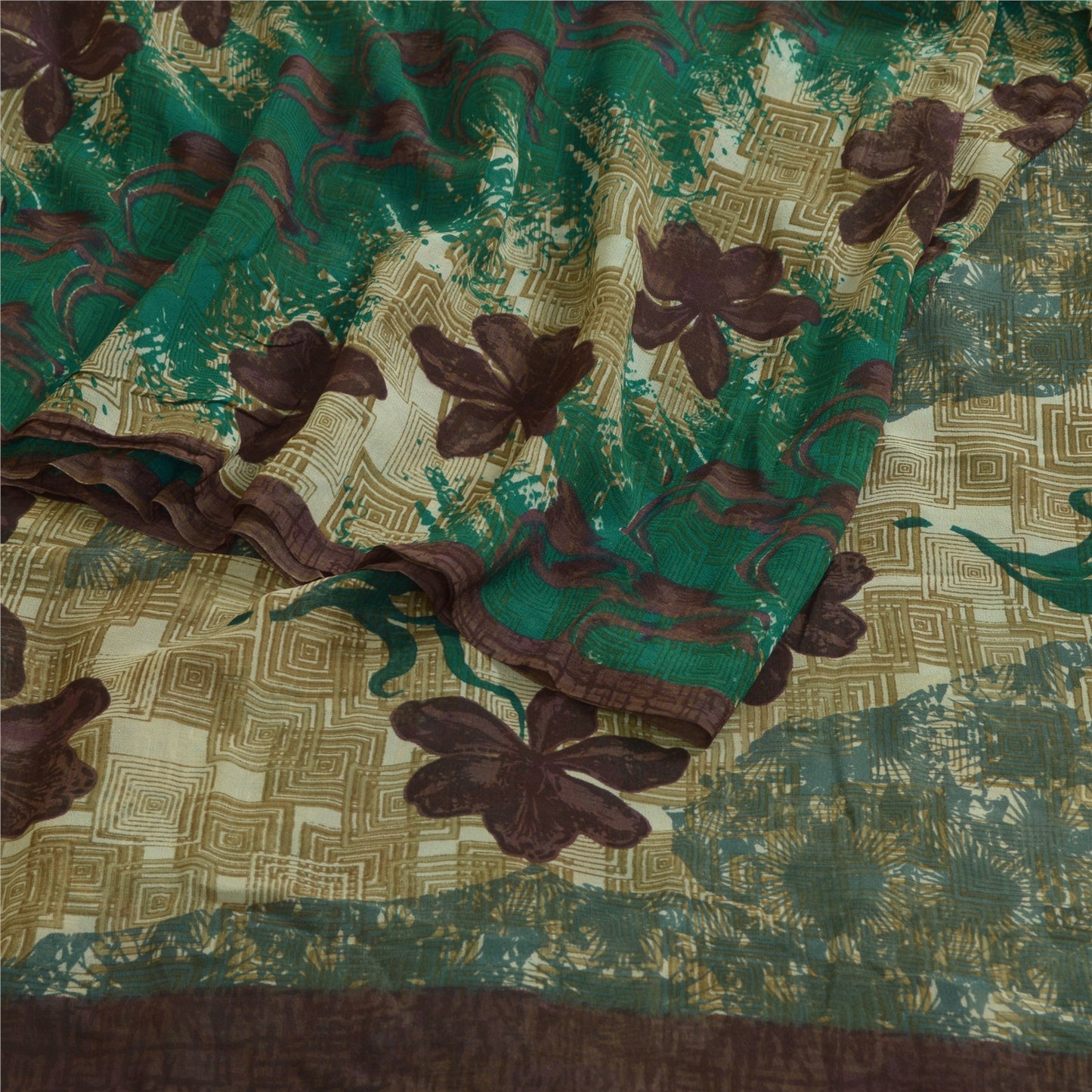 Sanskriti Vintage Sarees Green/Brown Pure Georgette Silk Print Sari Craft Sustainable Fabric