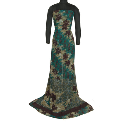 Sanskriti Vintage Sarees Green/Brown Pure Georgette Silk Print Sari Craft Sustainable Fabric