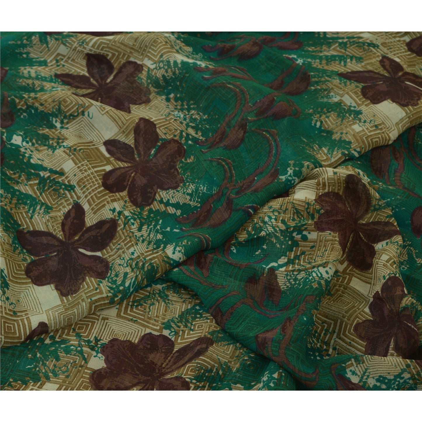 Sanskriti Vintage Sarees Green/Brown Pure Georgette Silk Print Sari Craft Sustainable Fabric
