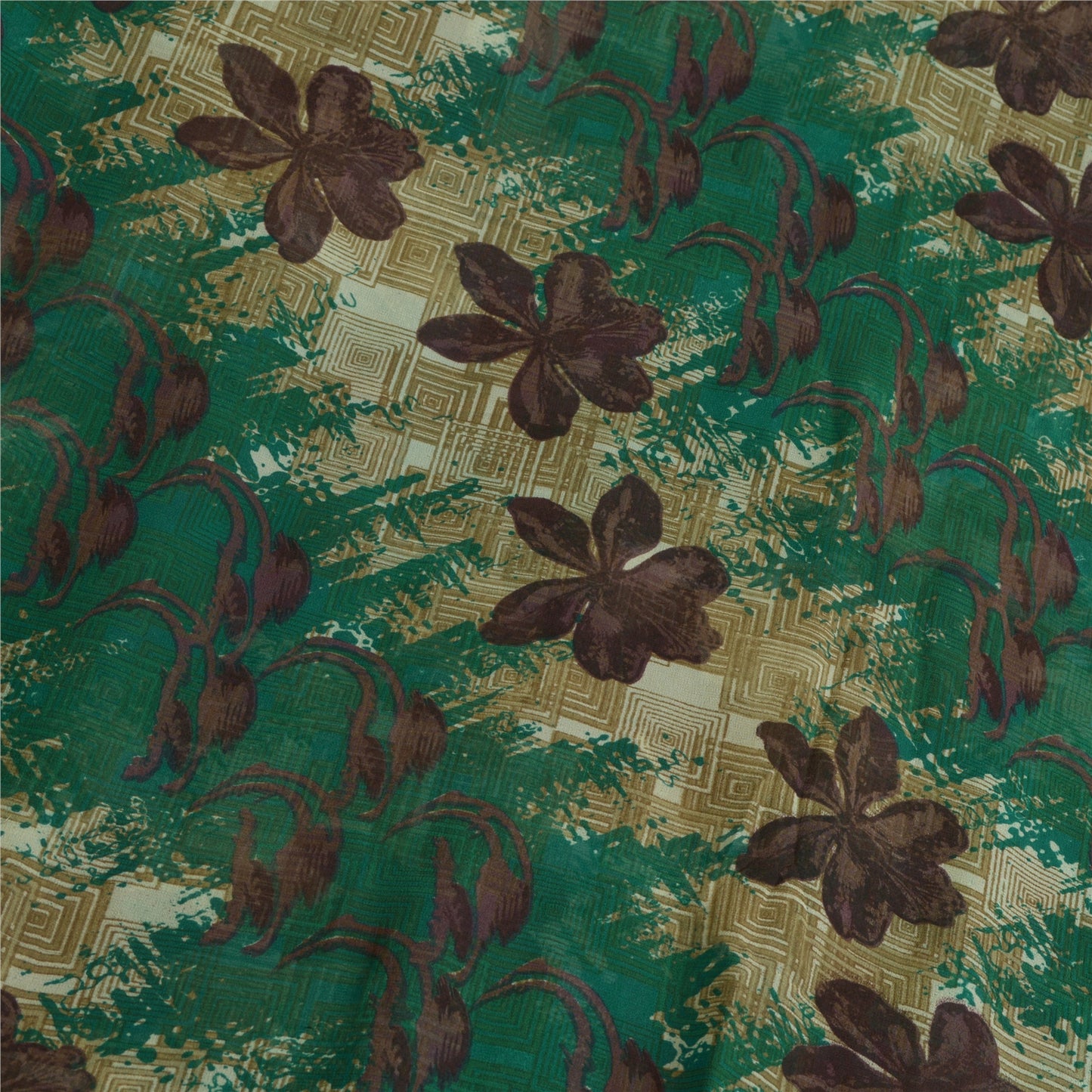 Sanskriti Vintage Sarees Green/Brown Pure Georgette Silk Print Sari Craft Sustainable Fabric