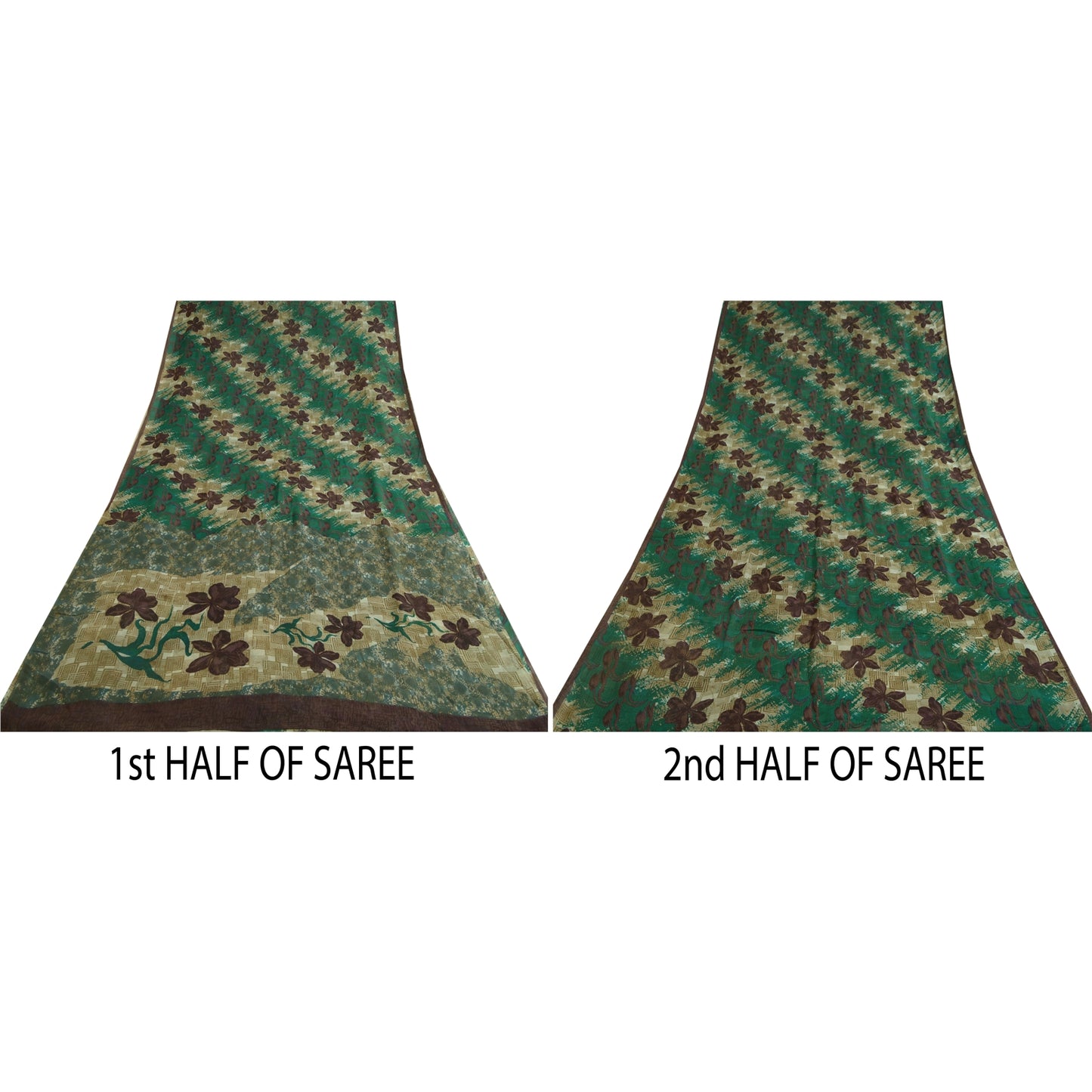 Sanskriti Vintage Sarees Green/Brown Pure Georgette Silk Print Sari Craft Sustainable Fabric
