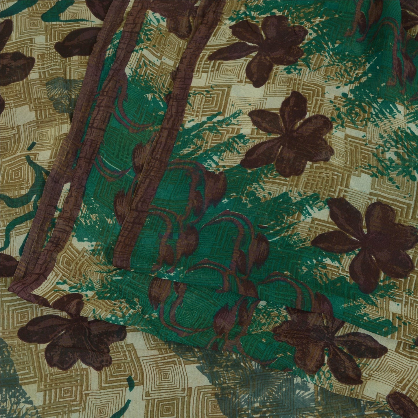 Sanskriti Vintage Sarees Green/Brown Pure Georgette Silk Print Sari Craft Sustainable Fabric