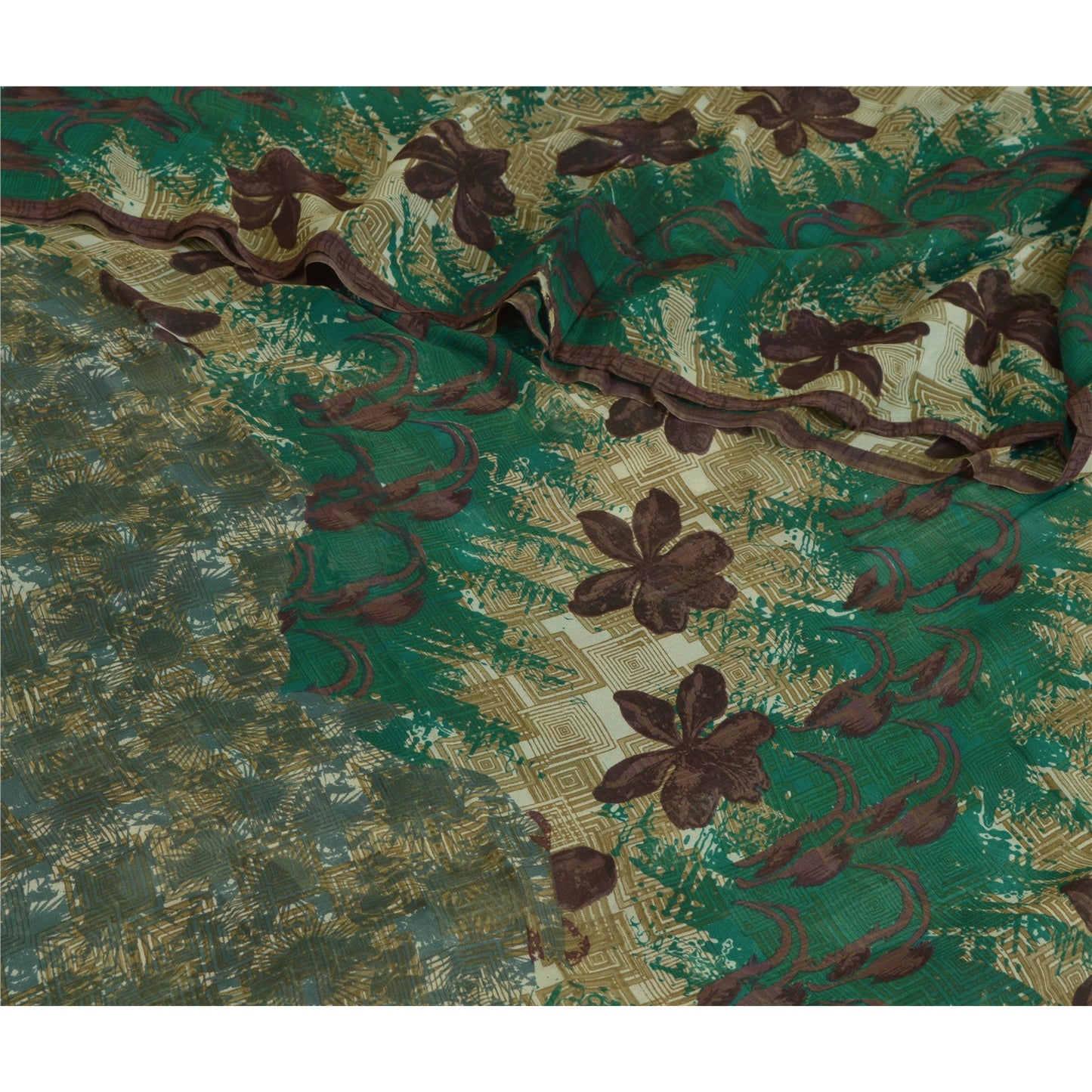Sanskriti Vintage Sarees Green/Brown Pure Georgette Silk Print Sari Craft Sustainable Fabric