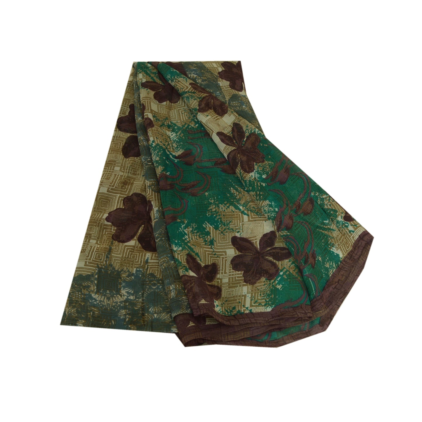 Sanskriti Vintage Sarees Green/Brown Pure Georgette Silk Print Sari Craft Sustainable Fabric